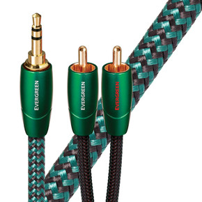 AUDIOQUEST Evergreen 8M 3.5mm to 2 RCA. Solid Long Grain Copper Gold Plated/cold welded termination Foamed-Polyethylene dielectric Metal layer noise dissipation Jacket - green - black braid