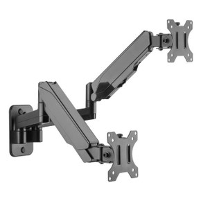 BRATECK 17''-32'' Dual Screen Wall Mounted Gas Spring Monitor Arms. Max load: 9kgs (per arm). VESA 75x75 & 100x100. Extend, tilt and swivel. Detachable VESA Plate. Max Arm Extn - 422mm. Matte Black Color LDA30-114