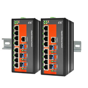 CTC UNION 8 Port Gigabit Managed Switch. -10C~60C. 8x 10/100/1000Base-T(X) - +3 x100/ 1000Base-X SFP (Total 11x ports). Power consumption V DC/W:12/8.5 - 24 /9.1 - 48/10.6. Dinmount kit inclu.