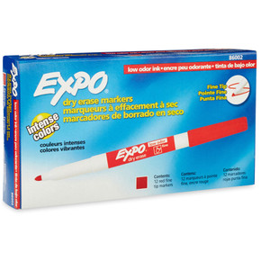 EXPO Dry Erase Markers with Fine Point Tips 12-Pack. Red Colour Bright - Vivid - Non-toxic Ink. Quick Drying. Smear-proof. Erases Cleanly & Easily with Cloth.