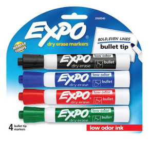 EXPO Dry Erase Markers Bullet Marker 4-Pack. 4x Assorted Colours. Includes Red - Blue - Green - & Black Colours. Bright - Vivid - Non-toxic Ink. Quick Drying. Smear-proof. Erases Cleanly & Easily with Cloth.