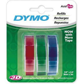 DYMO Genuine Embossing Labels. 3 Colour Multi-Pack (Blue - Red - Green). 9mm x 3m.