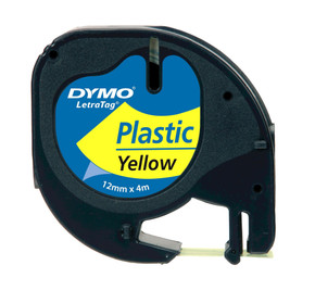 DYMO Genuine LetraTag Labeller Plastic Tape. 12mm Black on Yellow. For LetraTag LT-100H and LT-100T Label makers. Tear-resistant.