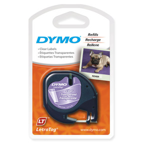 DYMO Genuine LetraTag Labeller Plastic Tape 12mm x 4M. Black on Clear -  Tear-resistant. 1 label cartridge /cassette per pack. Clear Plastic - Adhesive Tape (Polyester).