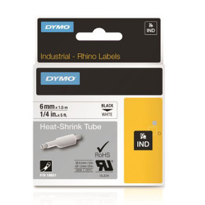 DYMO Genuine Rhino Industrial Labels- Heat Shrink Tube 6mm Black on White.Made of industrial grade polyolefine and featuring a 3:1 heat shrink ratio. RoHS compliant. Temperature Rating -19C to +135C.