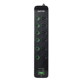JACKSON 6-Way Raptor Powerboard with Surge & Overload Protection. 6x Individual Push Button LED On/Off Indicator Switch. Rapid Charge 30W USB Type-C PD & 30W USB Type-A. Surge Diagnostic LED.