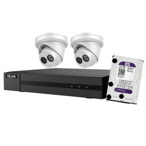 HILOOK 6MP 4-Channel Surveillance Camera Kit with 2TB HDD. Includes 2x IPC-T261H-MU 6MP Turret PoE IP 2.8mm Fixed Lens Cameras - 1x 4-Channel 1U PoE 4K NVR - 1x 1m Ethernet Cable - 1x 2m HDMI Cable.