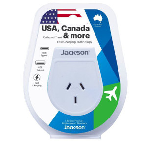 JACKSON Slim Outbound Travel Adaptor 1x USB-A and 1x USB-C (2.1A) Charging Ports. Converts NZ/AUS Plugs for use in USA - Canada & More.