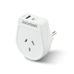 JACKSON Slim Outbound Travel Adaptor 1x USB-A and 1x USB-C (2.1A) Charging Ports. Converts NZ/AUS Plugs for use in Europe - Bali & More.