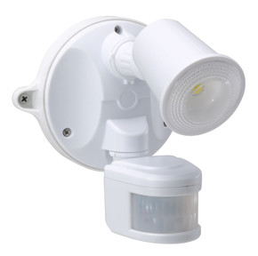 HOUSEWATCH 10W Single LED Spotlight with Motion Sensor. IP54. Passive IR. 9m (Side) & 12m (Front) Detection Range. Detection Angle 140 Degree. Includes Timing & Lux Adjustments - Screws. White Colour