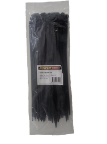 POWERFORCE Cable Tie Black UV 380mm x 7.6mm Weather Resistant Nylon. Pack of 100. Made from U.L. Approved Nylon 6/6 with Flamability Rating of UL 94V-2.