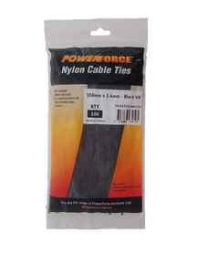 POWERFORCE Cable Tie Black UV 150mm x 3.6mm Weather Resistant Nylon. Pack of 100. Made from U.L. Approved Nylon 6/6 with Flamability Rating of UL 94V-2.