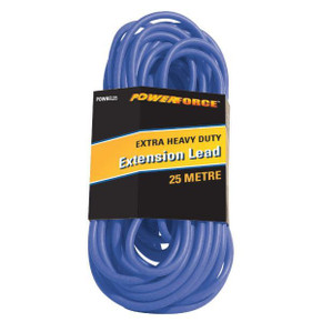 POWERFORCE 25m 15A Extra Heavy Duty Power Extension Lead 3 Core 1.5mm Cable. Power-On LED in Clear Moulded Plastic. 15A Plug. Blue Colour.