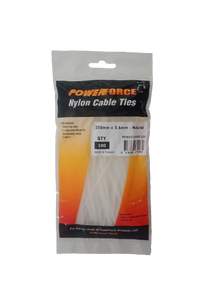 POWERFORCE Cable Tie Natural 150mm x 3.6mm Nylon Pack of 100. Made from U.L. Approved Nylon 6/6 with Flamability Rating of UL 94V-2