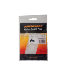 POWERFORCE Cable Tie Natural 80mm x 2.5mm Nylon Pack of 100. Made from U.L. Approved Nylon 6/6 with Flamability Rating of UL 94V-2
