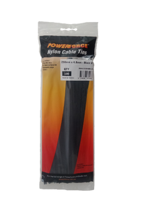 POWERFORCE Cable Tie Black UV 250mm x 4.8mm Weather Resistant Nylon. Pack of 100. Made from U.L. Approved Nylon 6/6 with Flamability Rating of UL 94V-2.