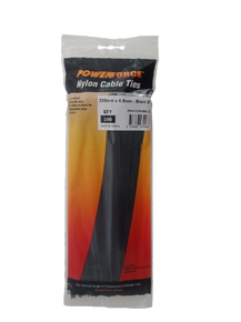 POWERFORCE Cable Tie Black UV 250mm x 4.8mm Weather Resistant Nylon. Pack of 100. Made from U.L. Approved Nylon 6/6 with Flamability Rating of UL 94V-2.