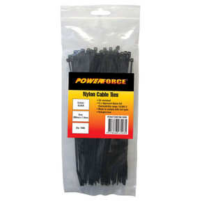 POWERFORCE Cable Tie Black UV 200mm x 7.6mm Weather Resistant Nylon. Pack of 100. Made from U.L. Approved Nylon 6/6 with Flamability Rating of UL 94V-2.
