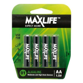 MAXLIFE AA Alkaline Battery 4 Pack Long Lasting Alkaline Formula. Designed For Everyday and High Drainage Devices. Long Shelf Life. No Mercury or Cadmium.