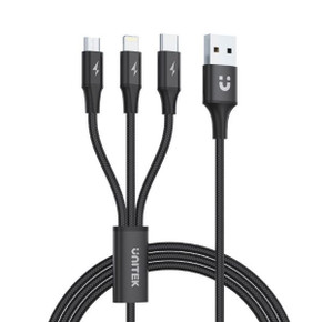 UNITEK 1.2m USB 3-in-1 Charge Cable. Integrated USB-A to Micro-B - Lightning Connector & USB-C Connector. Black Colour.