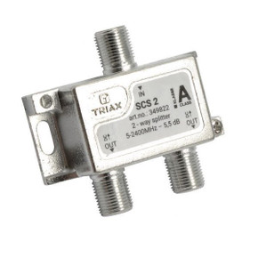 TRIAX RF 2-Way Splitter - 2.4GHz. Coaxial Splitter Ideal for SAT-IF & MATV Distribution Networks. Frequency Range 5-2400 MHz. DC Pass Via Diodes from all Outputs. High Shielding Against Ingress Noise.