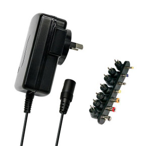 DYNAMIX 2.5A Switch Mode Power Adapter 3/5/6/7.5/ 9/12V DC. Includes 7x Interchangeable Power Connectors. 1.2m Cable.