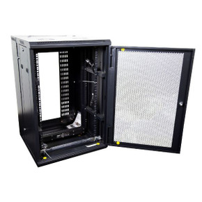DYNAMIX 12RU 600mm Deep Universal Swing Wall Mount Cabinet. 200mm Removable Backmount. Supplied with Rear Vertical Cable Tray, 6 way PDU and 10 cage nuts. Mesh Front Door. Black Colour