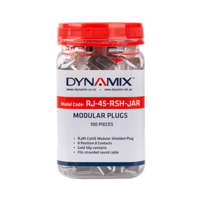 DYNAMIX Cat5E Modular Shielded Plugs in 100pc Jar. For Stranded Round Cable, 8P8C Internal Ground Shielded, Modular Gold 50u Micron Contacts.