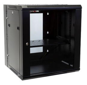 DYNAMIX 12RU Universal Swing Wall Mount Cabinet. Removable Rackmount supplied with Left & Right Hinges (600 x 550 x 635mm). Includes 1 x fixed shelf, 10 x cage nuts. 6-Way PDU Installed. Gloss black