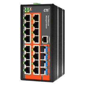 CTC UNION 16 Port Fast Ethernet Managed Switch.-10~60C. 16x 10/100Base-T(X) - + 4x 100/1000 Base-X SFP (Total 20x ports). Power consumption V DC/W:12/10.8 -24/10.6 - & 48/12.5. Dinmount kit incl.