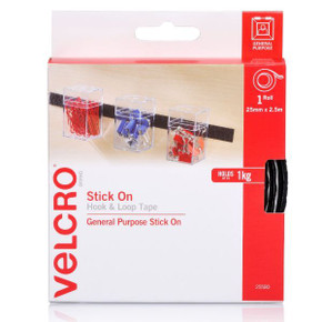 VELCRO Brand 25mm x 2.5m Stick on Hook & Loop Roll/Tape. Designed for Hanging & Attaching Items at Home Or Work. Cut to Size. Holds up to 1kg. Black Colour.