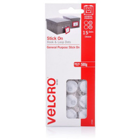VELCRO Brand 16mm Stick On Hook & Loop Dots. Pack of 15. Designed for General Purpose Simple and Mess-Free. Attach Light Weight Items up To 500g. Perfect for Art - Remote Controls - Signs etc. White