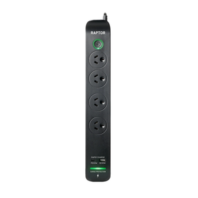 JACKSON 4-Way Raptor Powerboard with Surge & Overload Protection. Push Button LED On/Off Indicator Switch. Rapid Charge 30W USB Type-C PD & 30W USB Type-A. Surge Diagnostic LED.
