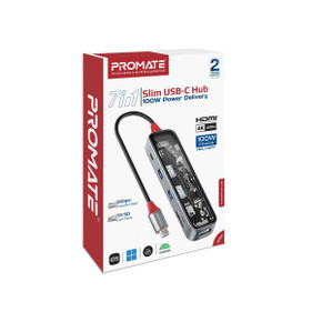 PROMATE 7-in-1 USB Multi-Port Hub with USB-C Connector with 4K HDMI Port, Dual USB-A 2.0 Ports, 1x USB-A 3.0 5Gbps Port, SD/TF Card Slots. Transparent 