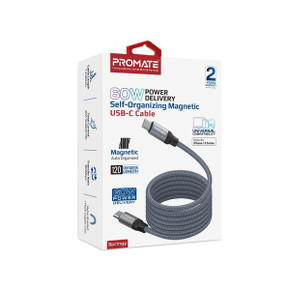PROMATE 1.2m USB-C to USB-C Cable with Self Organising Auto Untangle Supports 60W Power Delivery, Data & Charge, Fold & Organise in Seconds with Magnestic Auto Organise. Grey Colour