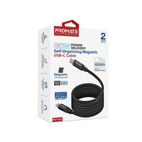PROMATE 1.2m USB-C to USB-C Cable with Self Organising Auto Untangle Supports 60W Power Delivery, Data & Charge, Fold & Organise in Seconds with Magnestic Auto Organise. Black Colour