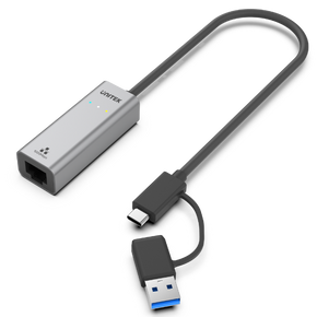 UNITEK USB to Gig Ethernet Adapter with 2-in-1 Connectors (USB-C & USB-A). Supports up to 5Gbps, Supports IEEE 802.3, Aluminium Alloy Housing, 30cm Cable, Space Grey Colour.