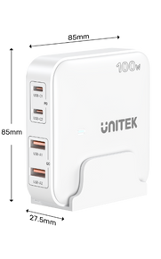 UNITEK 100W Desktop GaN Charging Station with 2x USB-C PD Ports & 2x USB-A QC3.0 Ports. Built-in Smart Protection. Includes Slim Cradle. Charge 4 Devices Simultaneously. 1.5m Power Cord. White Colour