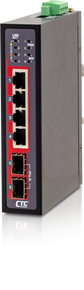 CTC UNION 4 Port Gigabit + 2x SFP Unmanaged Switch. -40C~+75C. 4x 10/100/1000Base-T, plus 2x 100/1000Base-X SFP (Total 6 ports). 4KV Surge Protection. Din Rail with Screws Included.
