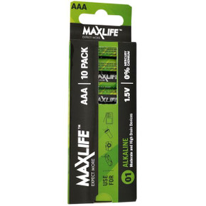 MAXLIFE AA A Alkaline Battery 10 Pack Long Lasting Alkaline Formula. Designed For Everyday and High Drainage Devices. Long Shelf Life. No Mercury or Cadmium. 