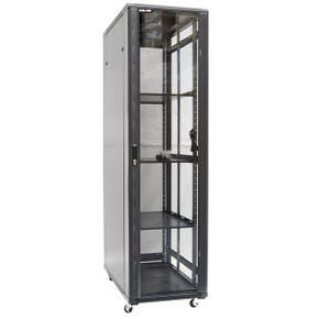 DYNAMIX 45RU Server Cabinet 1200mm Deep (600x1200x2210mm) FLAT PACK. Includes 3x Fixed Shelves - 4x Fans - 5x Cage Nuts - 4x Castors & Level Feet. 800kg static load. Glass front door - mesh rear door. Black