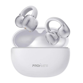 PROMATE Open Ear Clip-on Bluetooth Earbuds with Intellitouch Smart Control. Includes 500mAh Recharging Battery Case, Up to 28 Hours Play Back, Water Resistant, White 