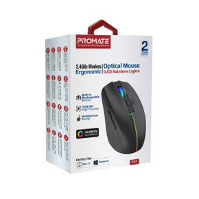 PROMATE Ergonomic Wireless Optical Mouse w/ LED Rainbow Lights & 500mAh Rechargable Battery (KITT-BLK)