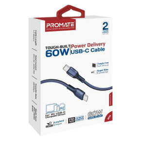 PROMATE 1.2m 60W PD USB-C to USB-C Tough-Built Cable. Supports up to 480Mbps Slim (FLETCHLINK-CC-BL)