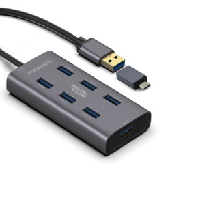 PROMATE Powered USB Hub w/ 7x USB 3.0 Ports Plus Add USB-C Adaptor Aluminium Alloy (EZHUB-7-GRY)