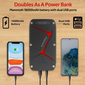 PROMATE 12V IP67 Car Jump Starter w/ Built-in 16000mAh Powerbank 80lm LED Flashlight (SPARKTANK-16-BLK)