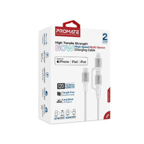 PROMATE 1.2m 60w MFi Certified 2-in-1 USB-C Sync & Charge 1x USB-C & 1x Lightning (POWERLINK-CCI-WT)