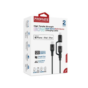 PROMATE 1.2m 60w MFi Certified 2-in-1 USB-C Sync & Charge 1x USB-C & 1x Lightning (POWERLINK-CCI-BK)