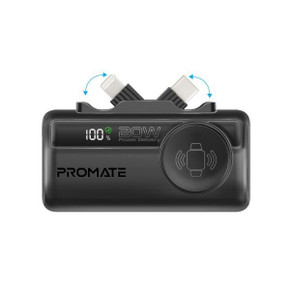 PROMATE 5000mAh Ultra-Compact Fast Charging Power Bank In-Built Dual Folding USB-C & Lightning (POWERUP-TRIO-BLK)