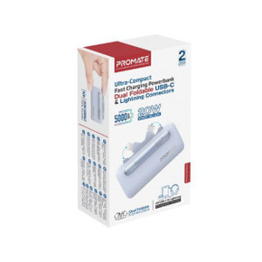 PROMATE 5000mAh Ultra-Compact Fast Charging Power Bank In-Built Dual Folding USB-C & Lightning (POWERUP-DUO-BL)